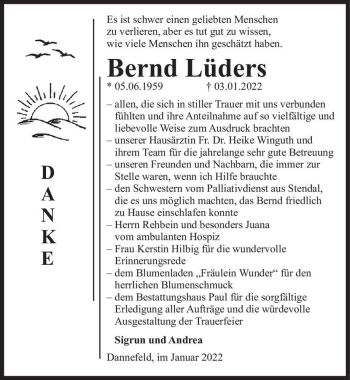 Traueranzeige von Bernd Lüders  von Magdeburger Volksstimme