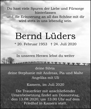 Traueranzeige von Bernd Lüders  von Magdeburger Volksstimme