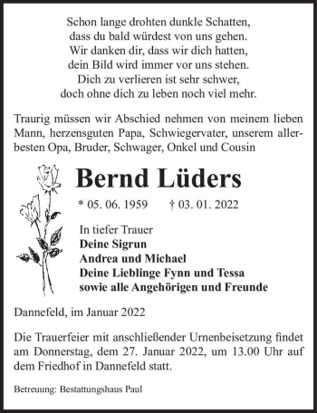 Traueranzeige von Bernd Lüders  von Magdeburger Volksstimme