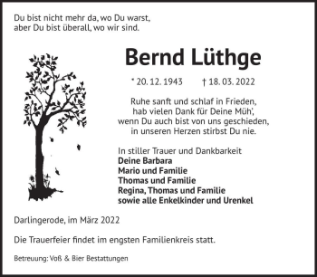 Traueranzeige von Bernd Lüthge  von Magdeburger Volksstimme