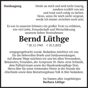 Traueranzeige von Bernd Lüthge  von Magdeburger Volksstimme