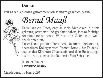 Traueranzeige von Bernd Maaß  von Magdeburger Volksstimme