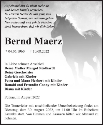 Traueranzeige von Bernd Maerz  von Magdeburger Volksstimme