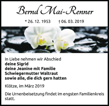Traueranzeige von Bernd Mai-Renner  von Magdeburger Volksstimme