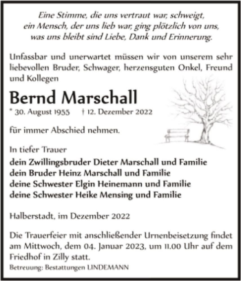 Traueranzeige von Bernd Marschall  von Magdeburger Volksstimme