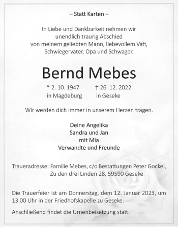 Traueranzeige von Bernd Mebes  von Magdeburger Volksstimme