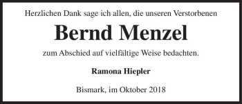Traueranzeige von Bernd Menzel  von Magdeburger Volksstimme