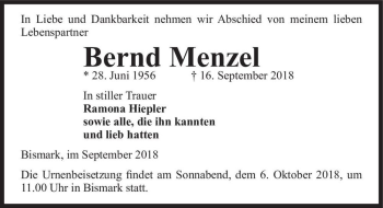 Traueranzeige von Bernd Menzel  von Magdeburger Volksstimme