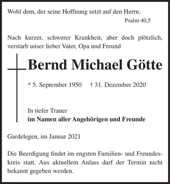 Traueranzeige von Bernd Michael Götte  von Magdeburger Volksstimme