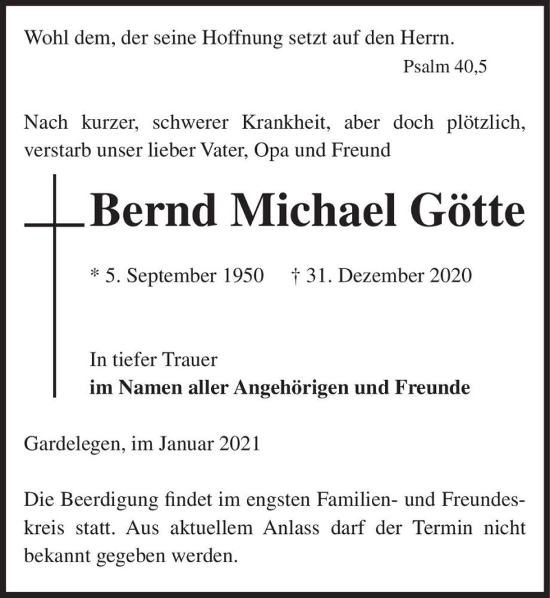  Traueranzeige für Bernd Michael Götte  vom 07.01.2021 aus Magdeburger Volksstimme