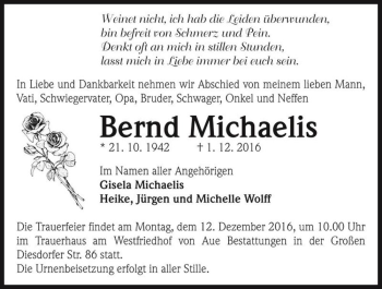 Traueranzeige von Bernd Michaelis  von Magdeburger Volksstimme
