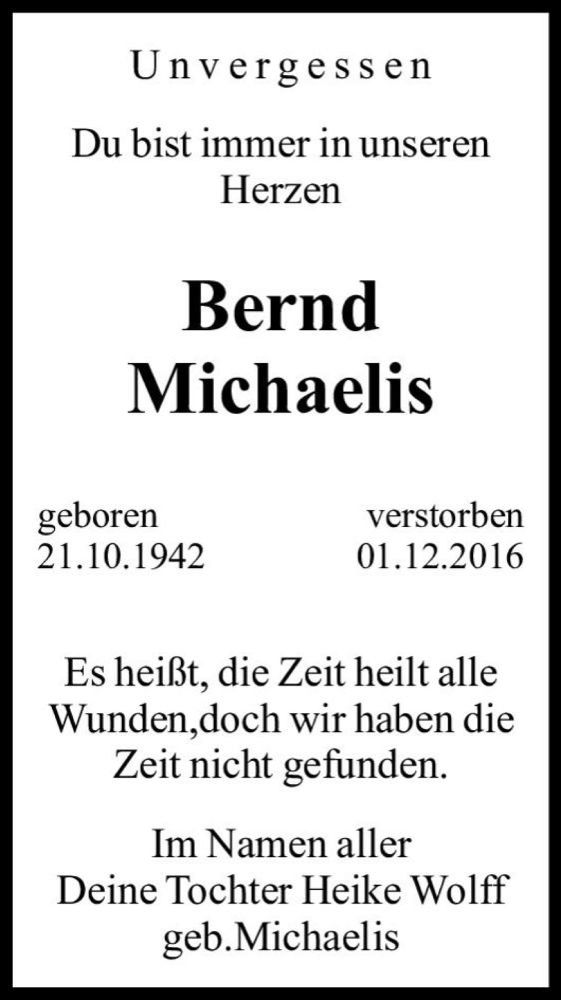  Traueranzeige für Bernd Michaelis  vom 02.12.2017 aus Magdeburger Volksstimme