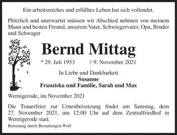 Traueranzeige von Bernd Mittag  von Magdeburger Volksstimme