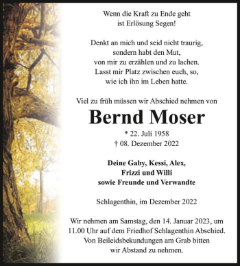Traueranzeige von Bernd Moser  von Magdeburger Volksstimme