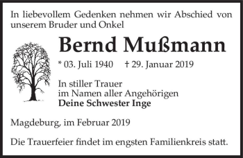Traueranzeige von Bernd Mußmann  von Magdeburger Volksstimme