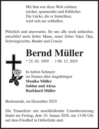 Traueranzeige von Bernd Müller  von Magdeburger Volksstimme
