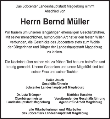 Traueranzeige von Bernd Müller  von Magdeburger Volksstimme