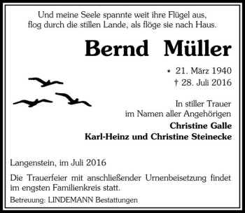 Traueranzeige von Bernd Müller  von Magdeburger Volksstimme