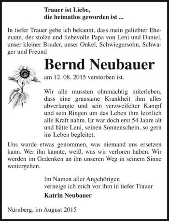 Traueranzeige von Bernd Neubauer  von Magdeburger Volksstimme