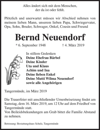 Traueranzeige von Bernd Neuendorf  von Magdeburger Volksstimme