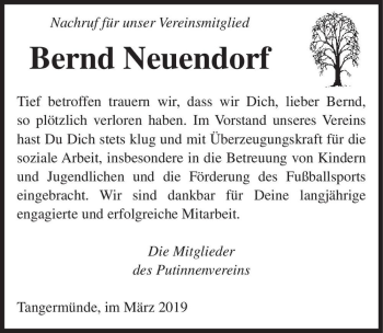 Traueranzeige von Bernd Neuendorf  von Magdeburger Volksstimme