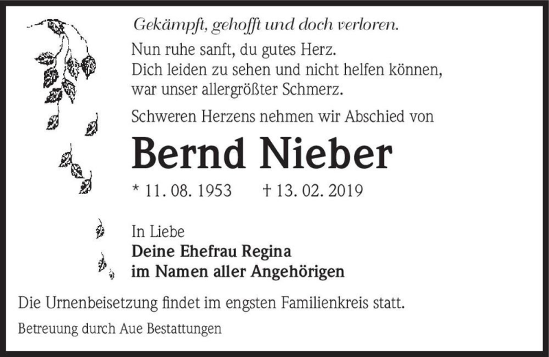  Traueranzeige für Bernd Nieber  vom 23.02.2019 aus Magdeburger Volksstimme