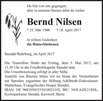 Traueranzeige von Bernd Nilsen  von Magdeburger Volksstimme