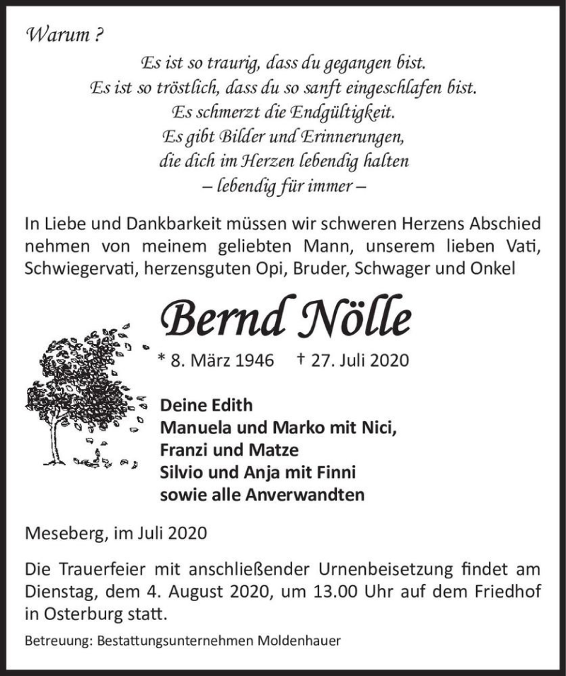  Traueranzeige für Bernd Nölle  vom 30.07.2020 aus Magdeburger Volksstimme
