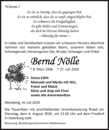 Traueranzeige von Bernd Nölle  von Magdeburger Volksstimme
