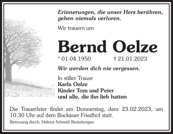 Traueranzeige von Bernd Oelze  von Magdeburger Volksstimme