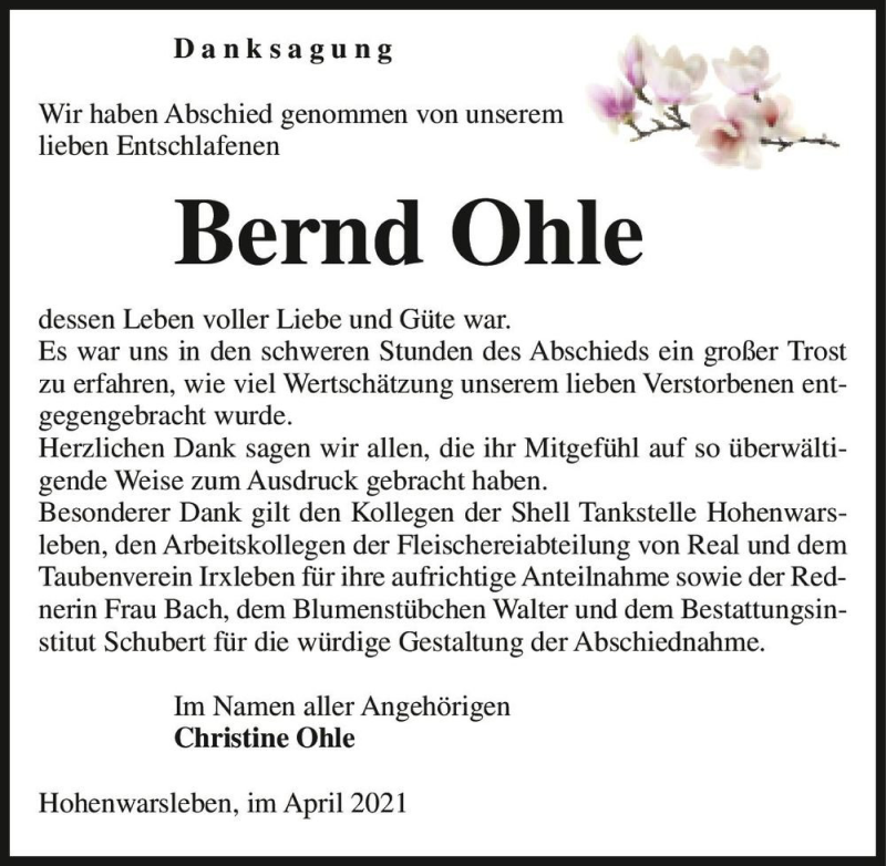  Traueranzeige für Bernd Ohle  vom 08.05.2021 aus Magdeburger Volksstimme