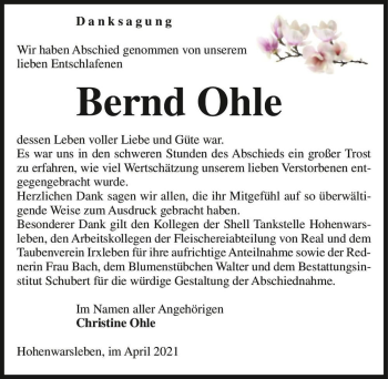 Traueranzeige von Bernd Ohle  von Magdeburger Volksstimme