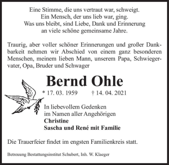 Traueranzeige von Bernd Ohle  von Magdeburger Volksstimme