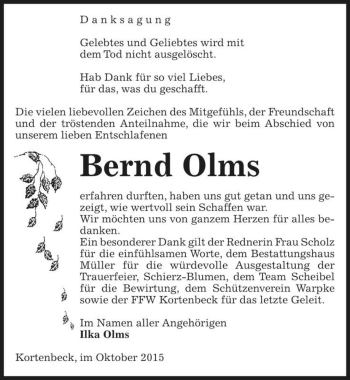 Traueranzeige von Bernd Olms  von Magdeburger Volksstimme
