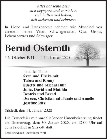 Traueranzeige von Bernd Osteroth  von Magdeburger Volksstimme