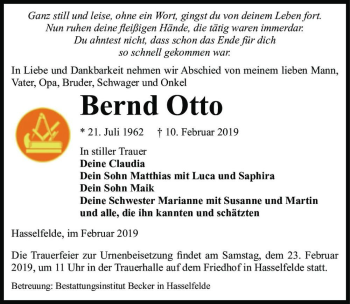 Traueranzeige von Bernd Otto  von Magdeburger Volksstimme