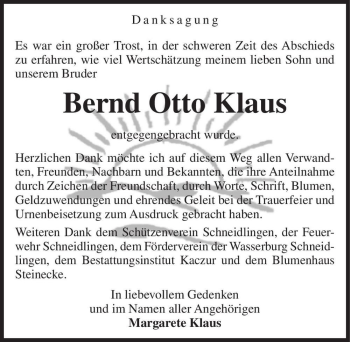 Traueranzeige von Bernd Otto Klaus  von Magdeburger Volksstimme