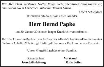 Traueranzeige von Bernd Papke  von Magdeburger Volksstimme