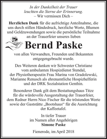 Traueranzeige von Bernd Paske  von Magdeburger Volksstimme