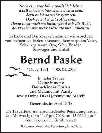 Traueranzeige von Bernd Paske  von Magdeburger Volksstimme