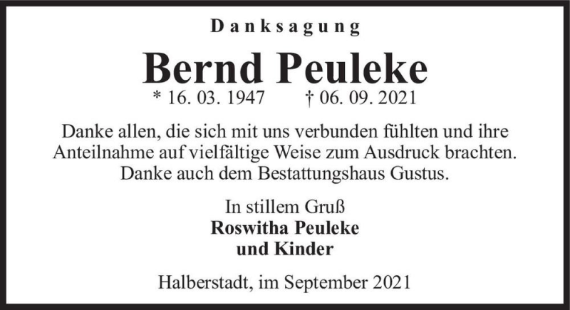  Traueranzeige für Bernd Peuleke  vom 09.10.2021 aus Magdeburger Volksstimme