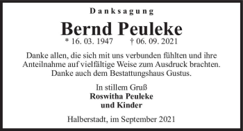 Traueranzeige von Bernd Peuleke  von Magdeburger Volksstimme