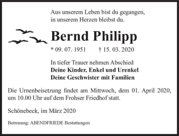 Traueranzeige von Bernd Philipp  von Magdeburger Volksstimme