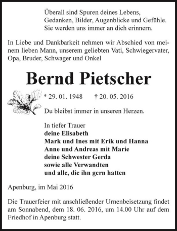 Traueranzeige von Bernd Pietscher  von Magdeburger Volksstimme