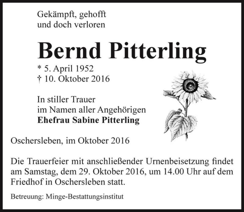 Traueranzeige für Bernd Pitterling  vom 15.10.2016 aus Magdeburger Volksstimme
