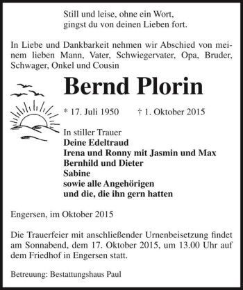 Traueranzeige von Bernd Plorin  von Magdeburger Volksstimme