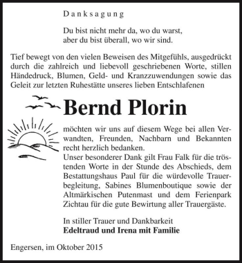 Traueranzeige von Bernd Plorin  von Magdeburger Volksstimme