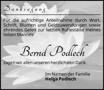 Traueranzeige von Bernd Podlech  von Magdeburger Volksstimme