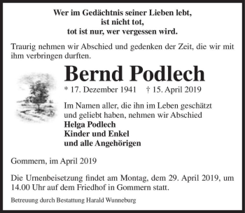 Traueranzeige von Bernd Podlech  von Magdeburger Volksstimme