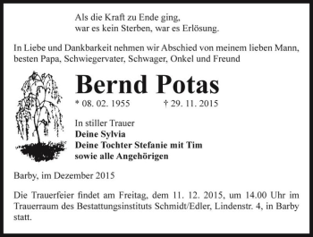 Traueranzeige von Bernd Potas  von Magdeburger Volksstimme